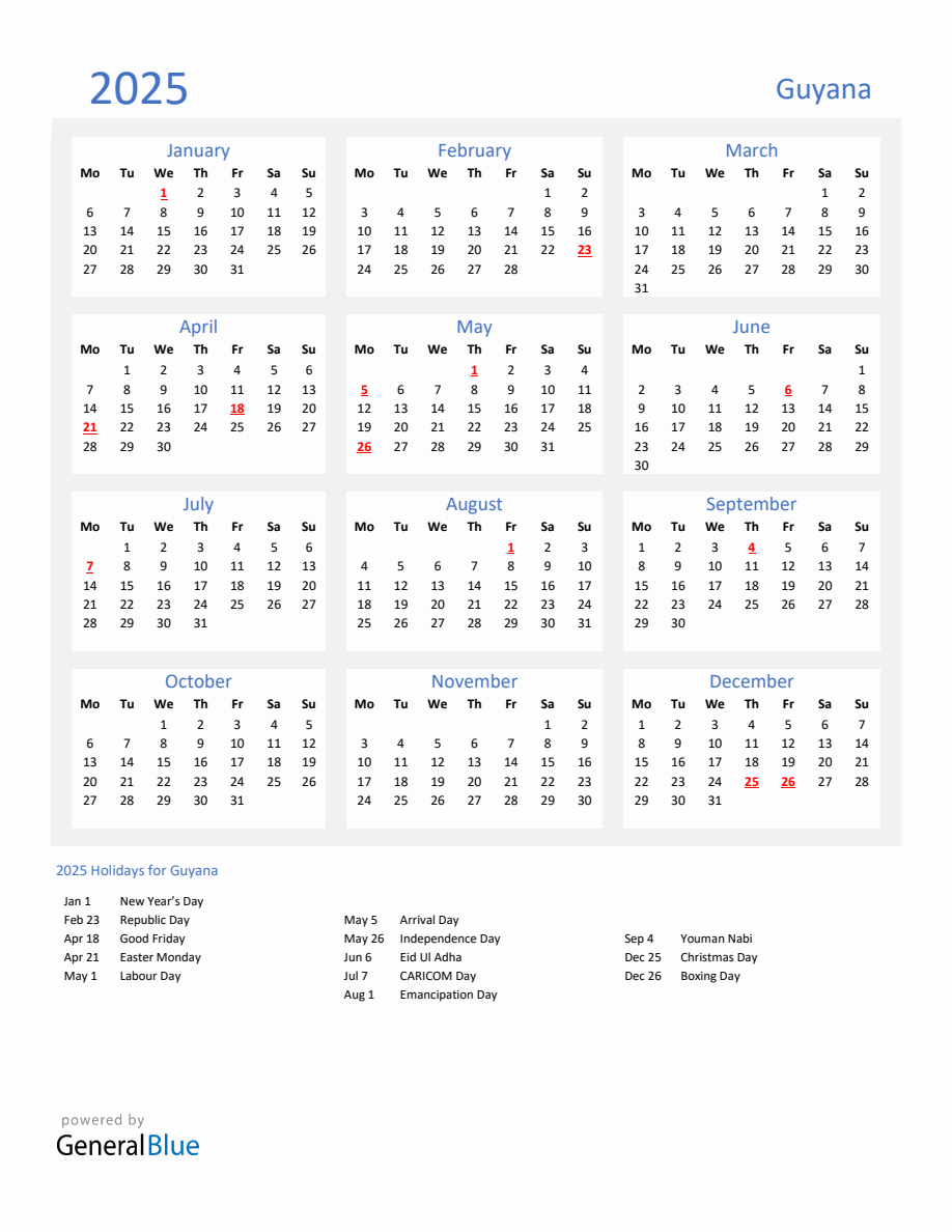 Basic Yearly Calendar with Holidays in Guyana for 2025