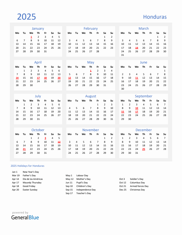 Basic Yearly Calendar with Holidays in Honduras for 2025 