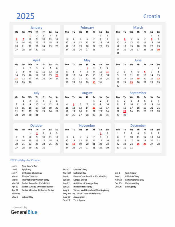 Basic Yearly Calendar with Holidays in Croatia for 2025 