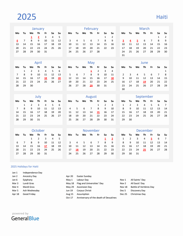Basic Yearly Calendar with Holidays in Haiti for 2025 
