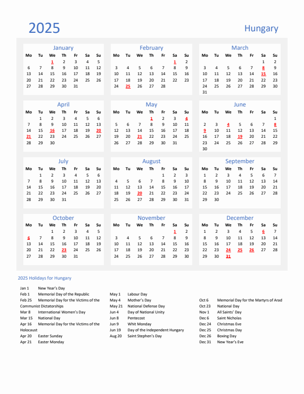 Basic Yearly Calendar with Holidays in Hungary for 2025 