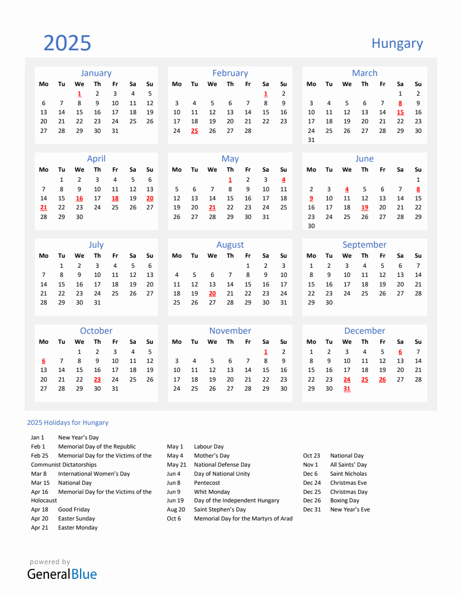 Basic Yearly Calendar with Holidays in Hungary for 2025