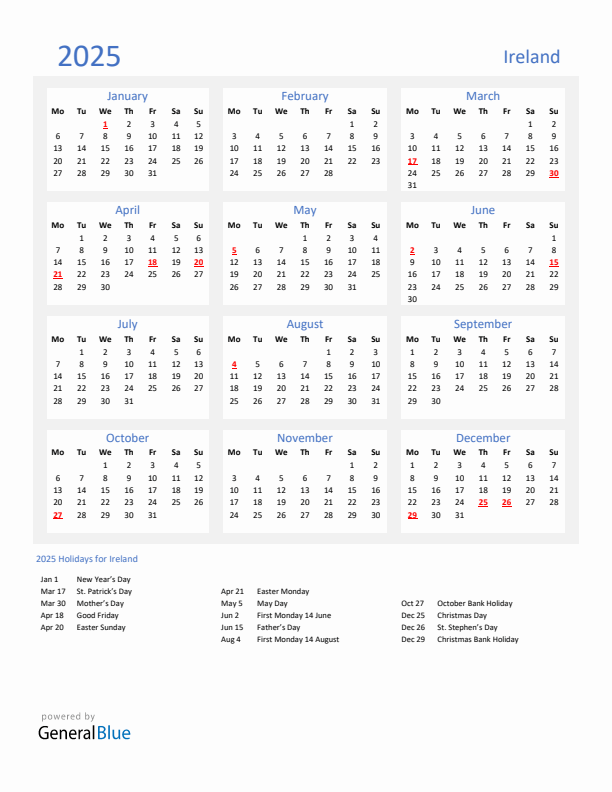 Basic Yearly Calendar with Holidays in Ireland for 2025 