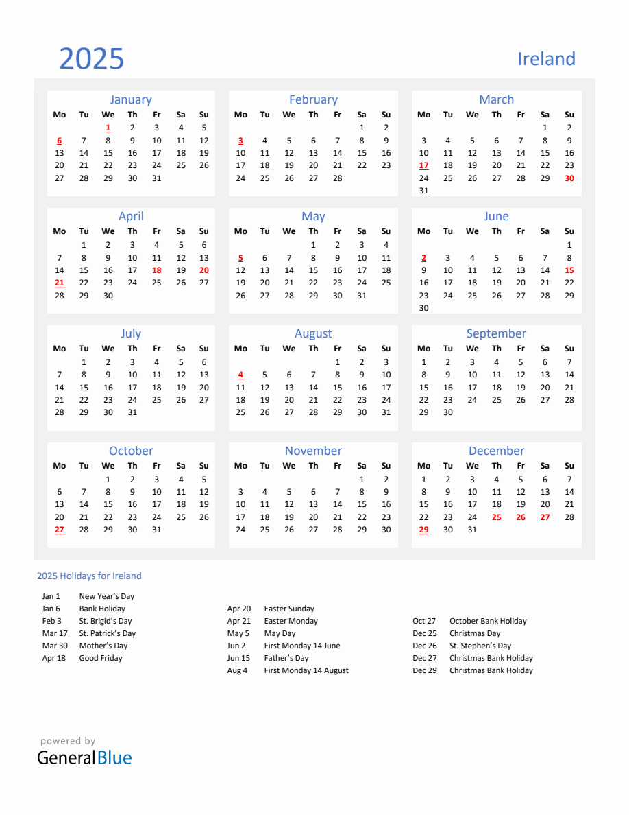 Basic Yearly Calendar with Holidays in Ireland for 2025