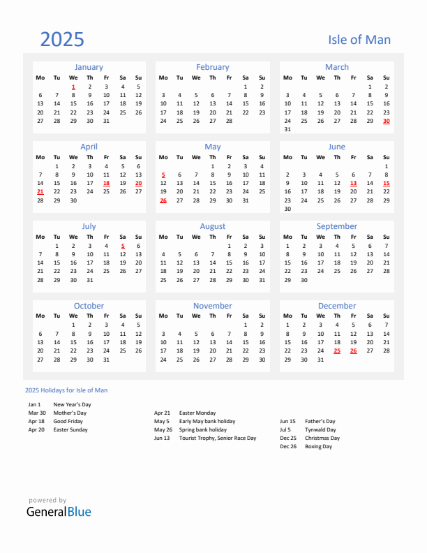 Basic Yearly Calendar with Holidays in Isle of Man for 2025 