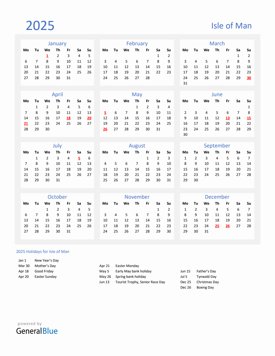 Basic Yearly Calendar with Holidays in Isle of Man for 2025