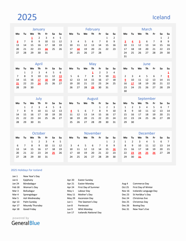 Basic Yearly Calendar with Holidays in Iceland for 2025 