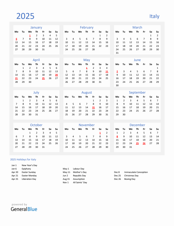Basic Yearly Calendar with Holidays in Italy for 2025 