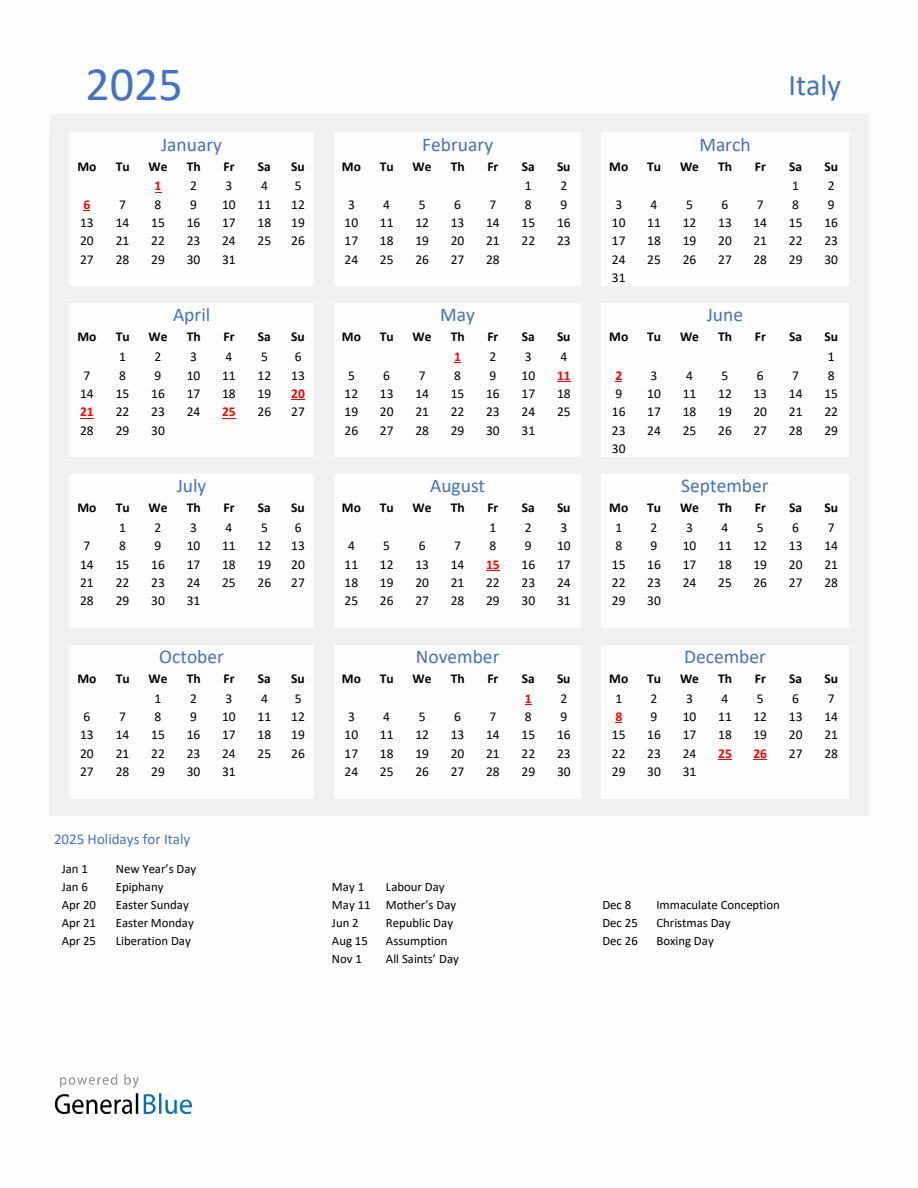 Basic Yearly Calendar with Holidays in Italy for 2025