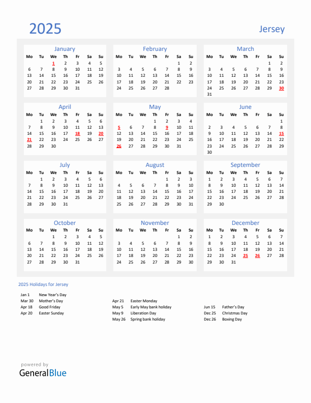 Basic Yearly Calendar with Holidays in Jersey for 2025 