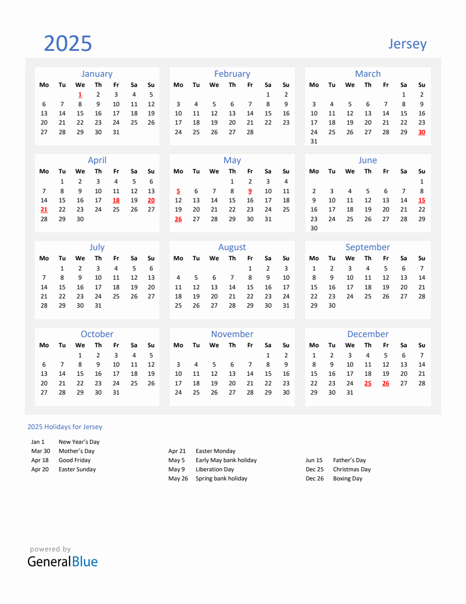 Basic Yearly Calendar with Holidays in Jersey for 2025