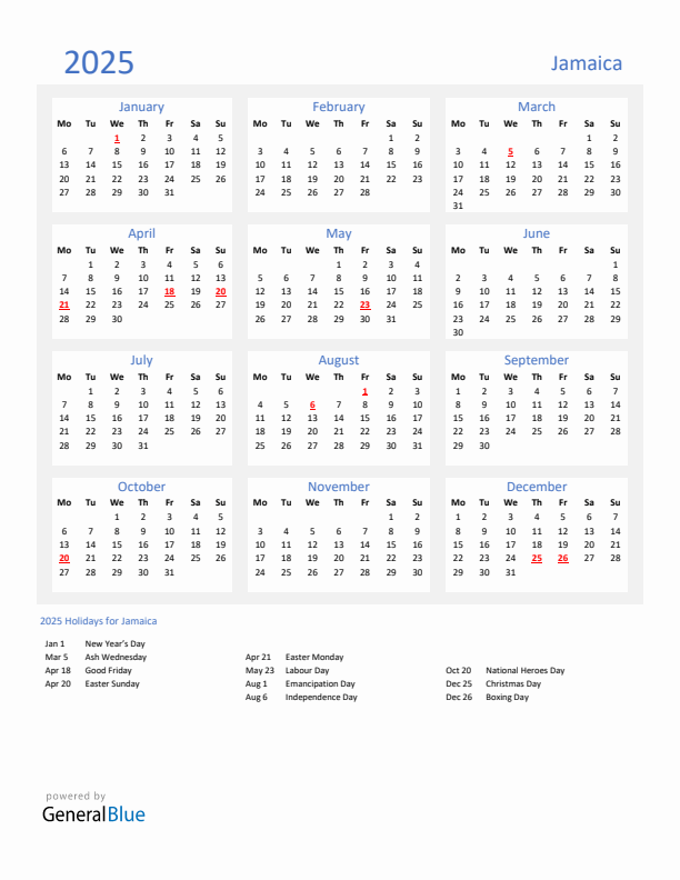 Basic Yearly Calendar with Holidays in Jamaica for 2025 