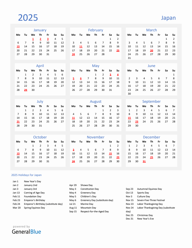 Basic Yearly Calendar with Holidays in Japan for 2025 