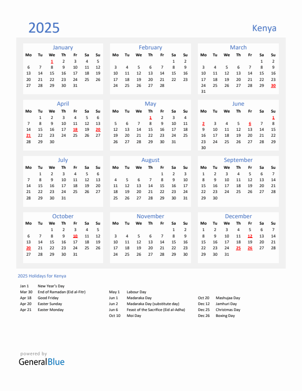 Basic Yearly Calendar with Holidays in Kenya for 2025 