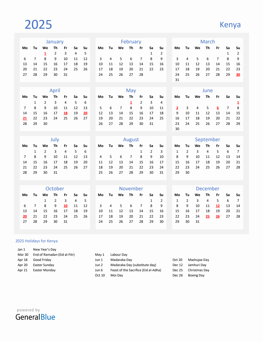 Basic Yearly Calendar with Holidays in Kenya for 2025