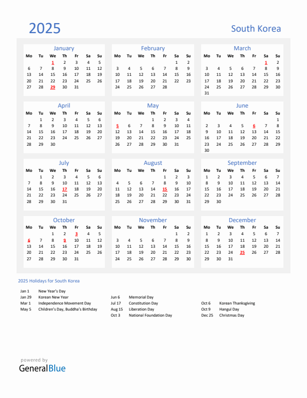 Basic Yearly Calendar with Holidays in South Korea for 2025 