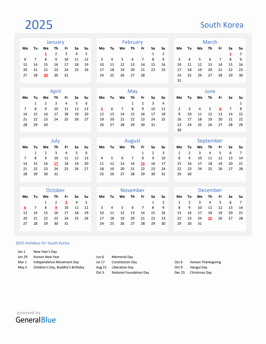 Basic Yearly Calendar with Holidays in South Korea for 2025