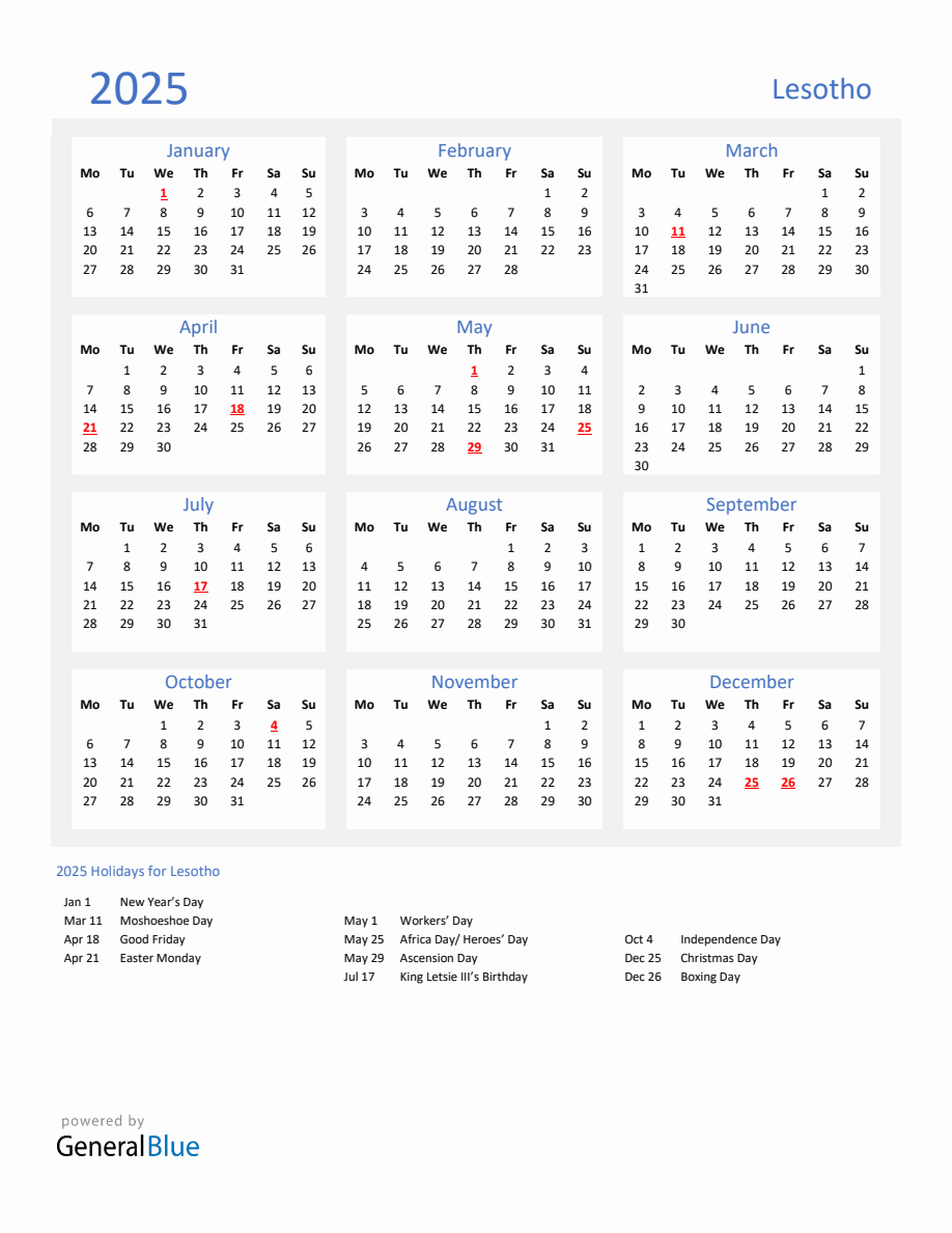 Basic Yearly Calendar with Holidays in Lesotho for 2025