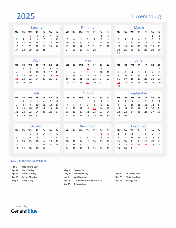 Basic Yearly Calendar with Holidays in Luxembourg for 2025 