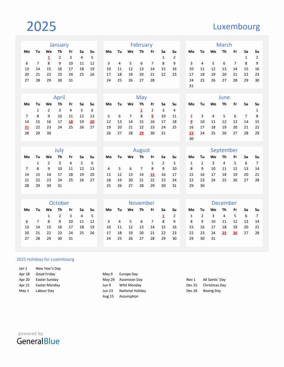 Basic Yearly Calendar with Holidays in Luxembourg for 2025