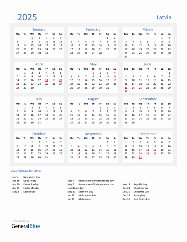 Basic Yearly Calendar with Holidays in Latvia for 2025 
