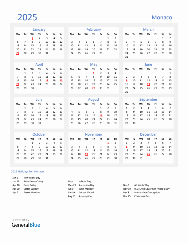 Basic Yearly Calendar with Holidays in Monaco for 2025 