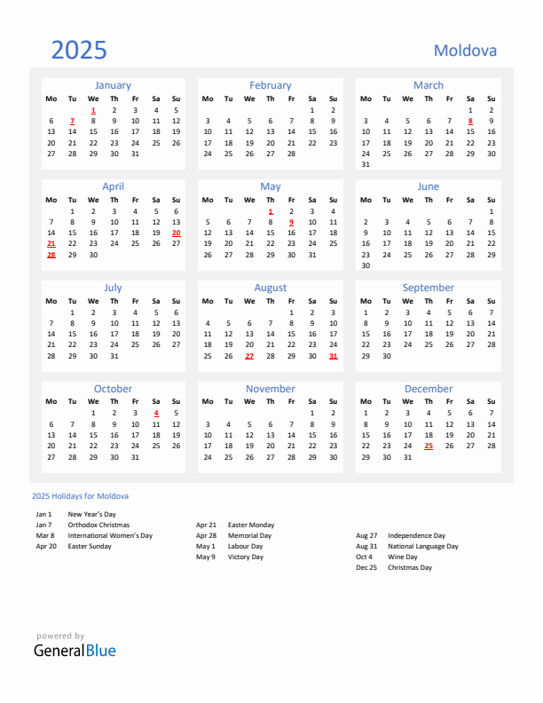 Basic Yearly Calendar with Holidays in Moldova for 2025 