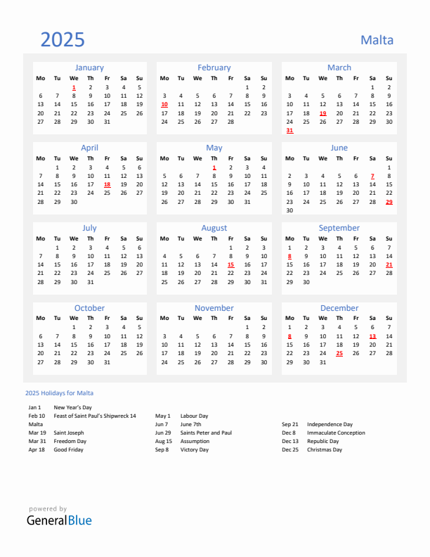 Basic Yearly Calendar with Holidays in Malta for 2025 