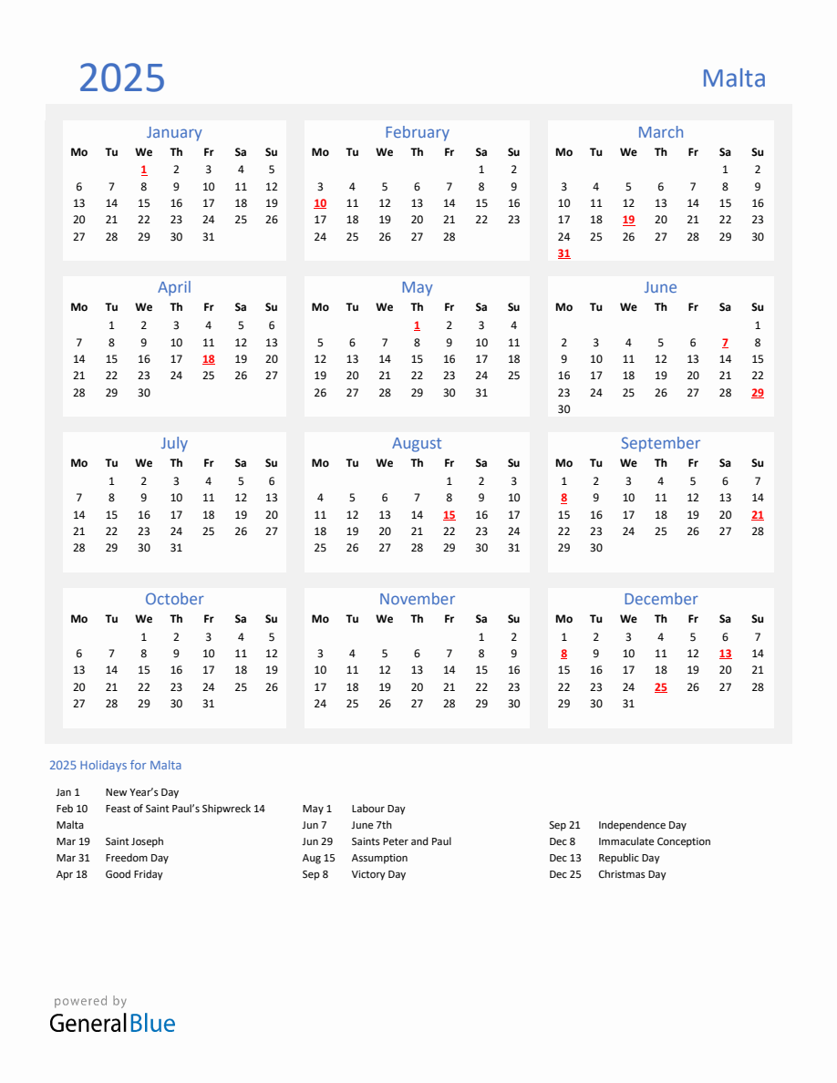 Basic Yearly Calendar with Holidays in Malta for 2025