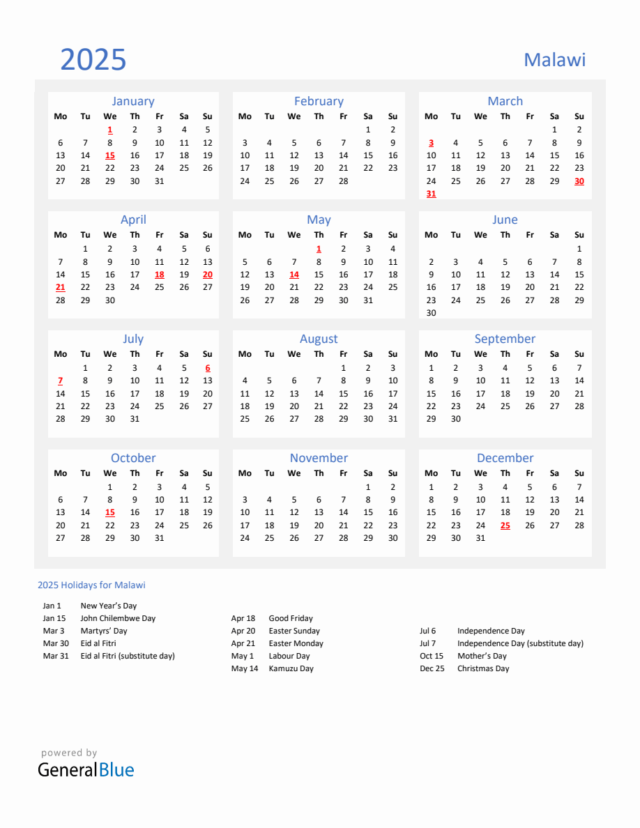 Basic Yearly Calendar with Holidays in Malawi for 2025