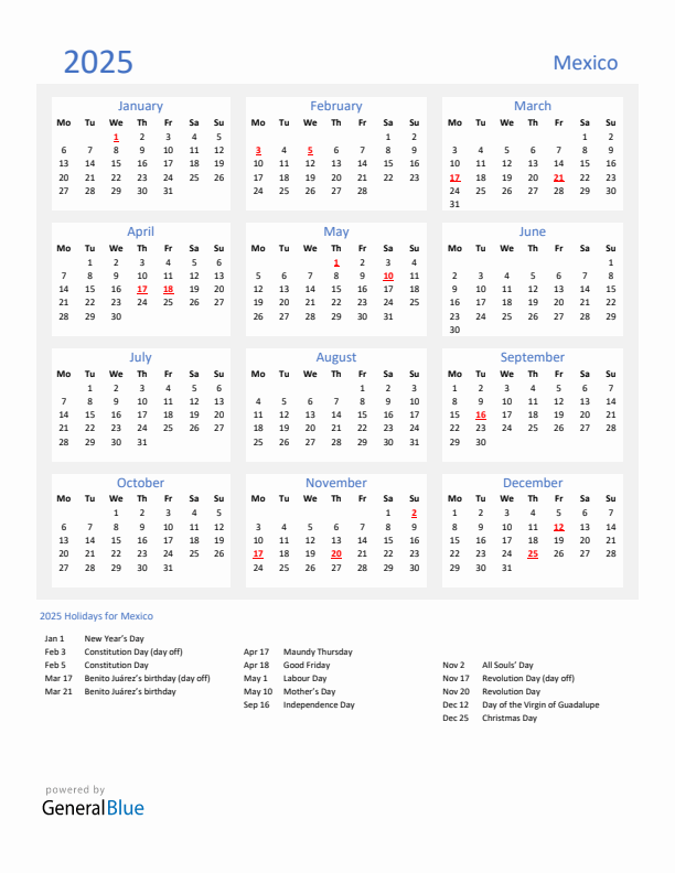 Basic Yearly Calendar with Holidays in Mexico for 2025 