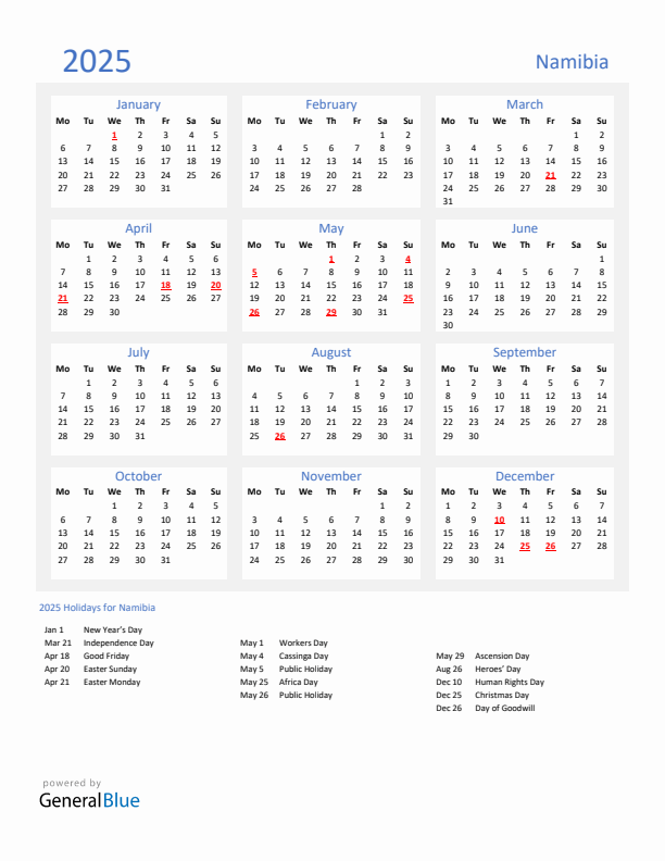 Basic Yearly Calendar with Holidays in Namibia for 2025 