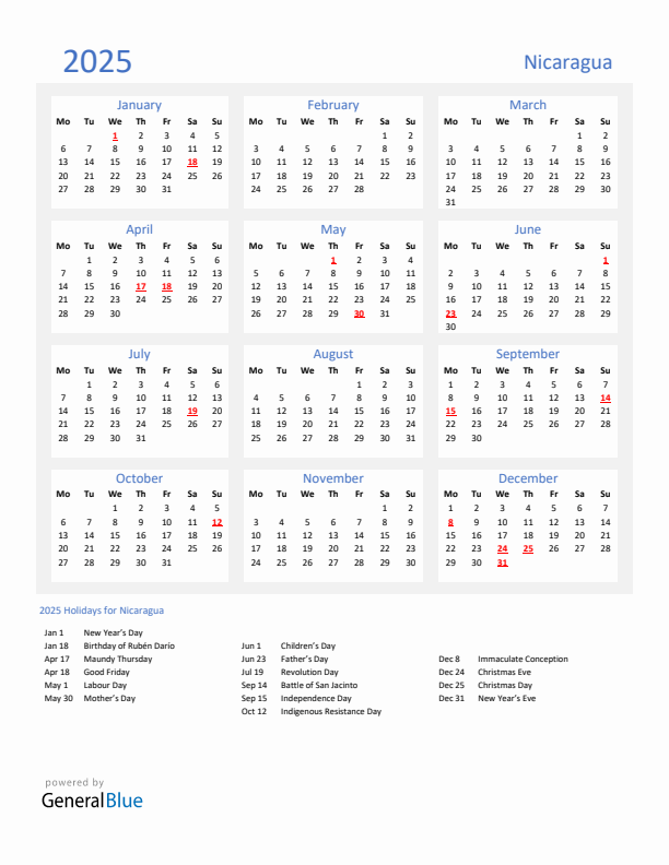 Basic Yearly Calendar with Holidays in Nicaragua for 2025 