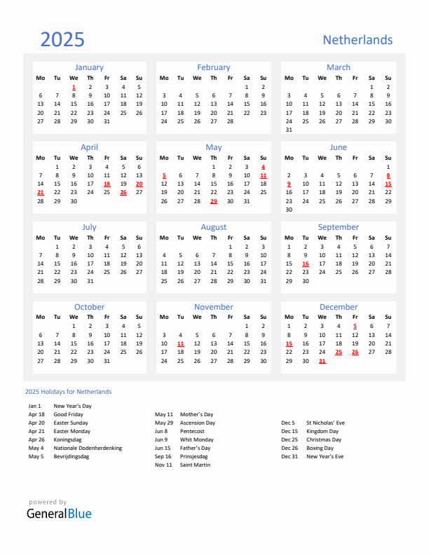 Basic Yearly Calendar with Holidays in The Netherlands for 2025 