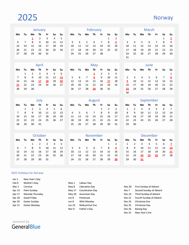 Basic Yearly Calendar with Holidays in Norway for 2025 