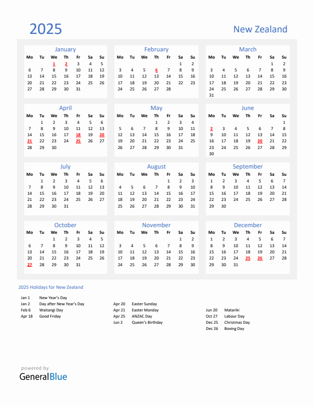 Basic Yearly Calendar with Holidays in New Zealand for 2025 