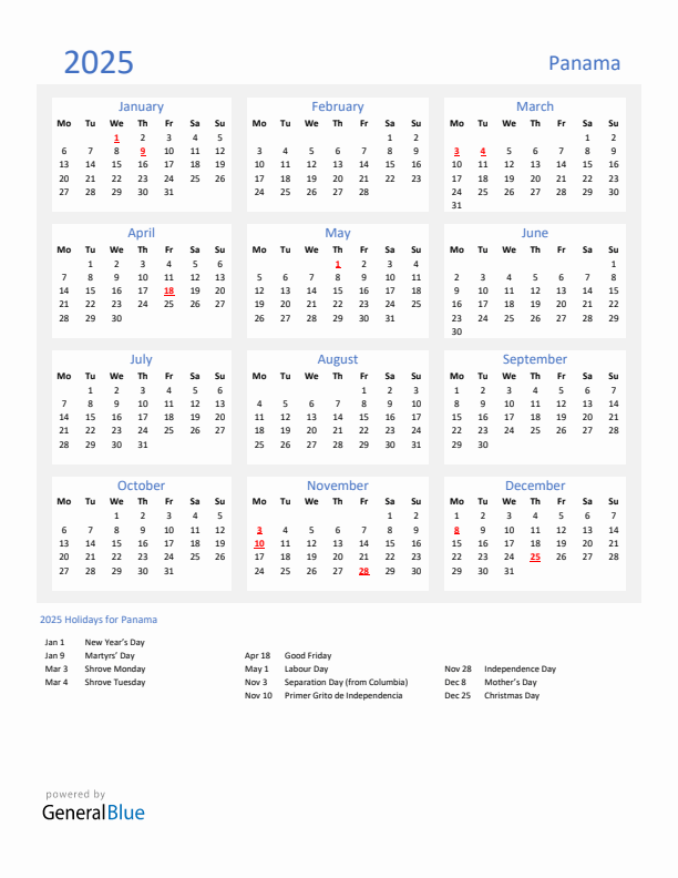 Basic Yearly Calendar with Holidays in Panama for 2025 