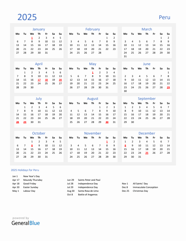 Basic Yearly Calendar with Holidays in Peru for 2025 