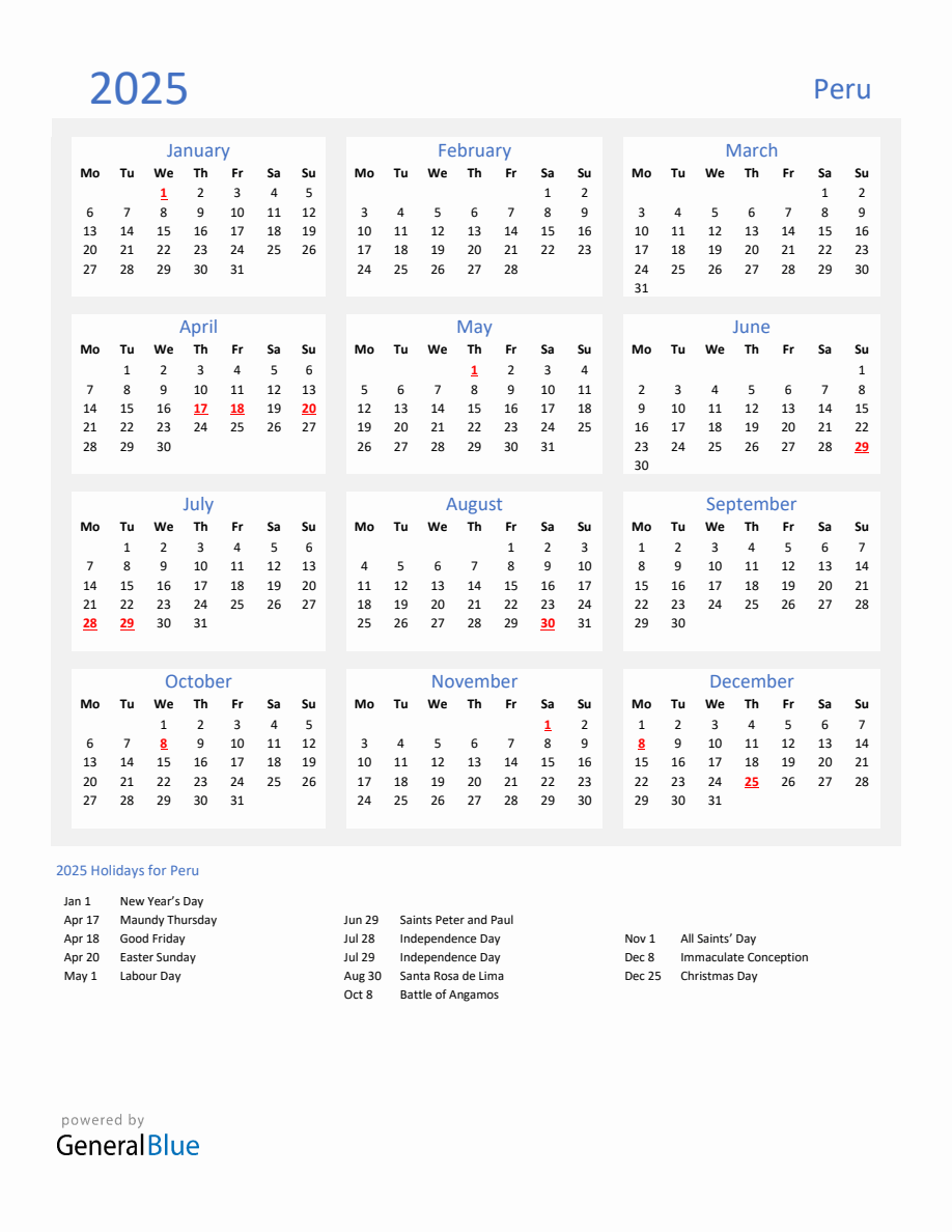 Basic Yearly Calendar with Holidays in Peru for 2025