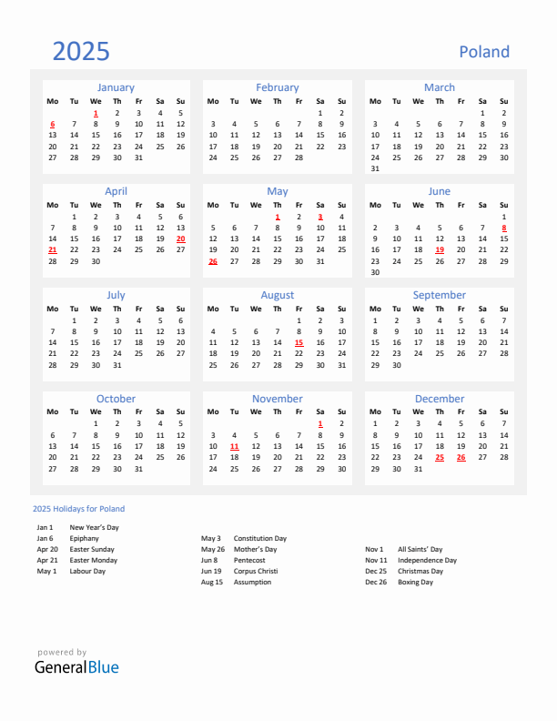 Basic Yearly Calendar with Holidays in Poland for 2025 