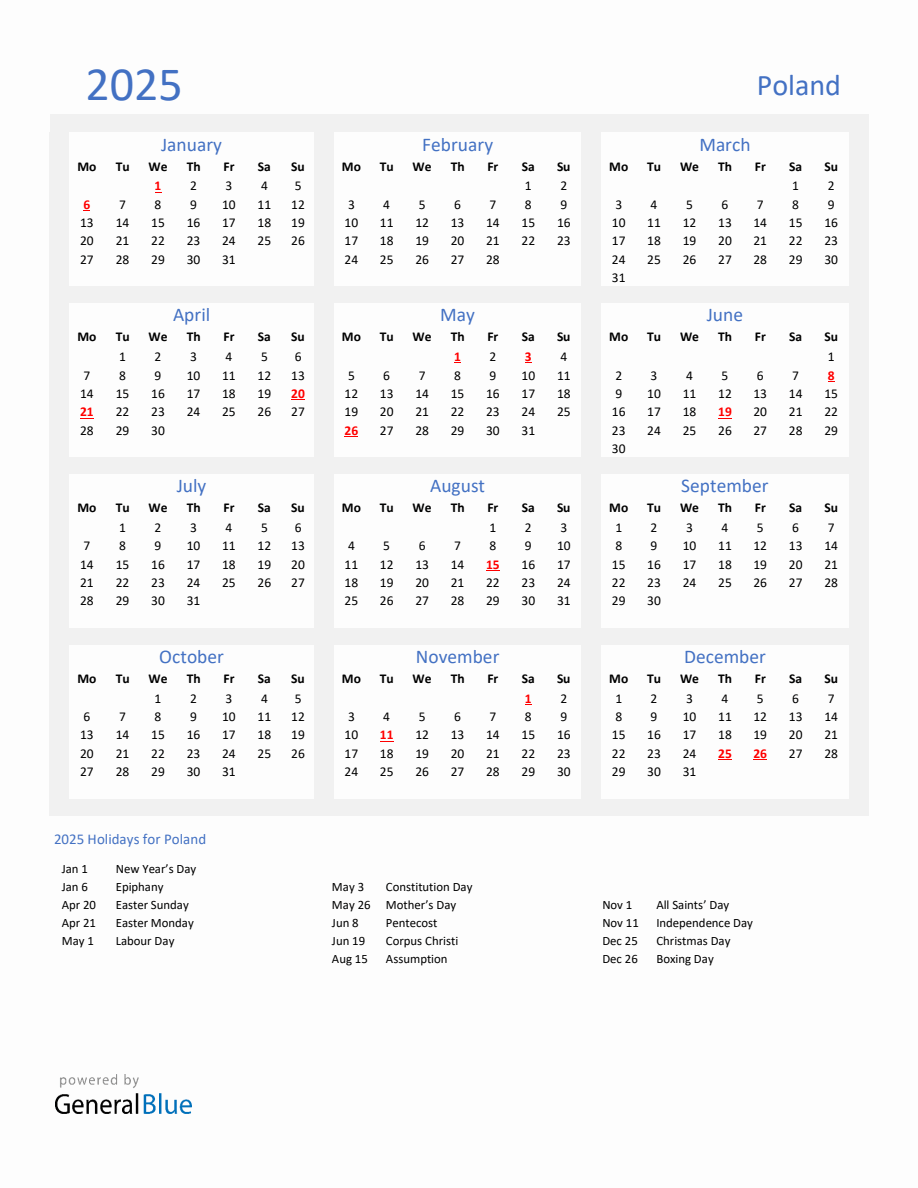 Basic Yearly Calendar with Holidays in Poland for 2025