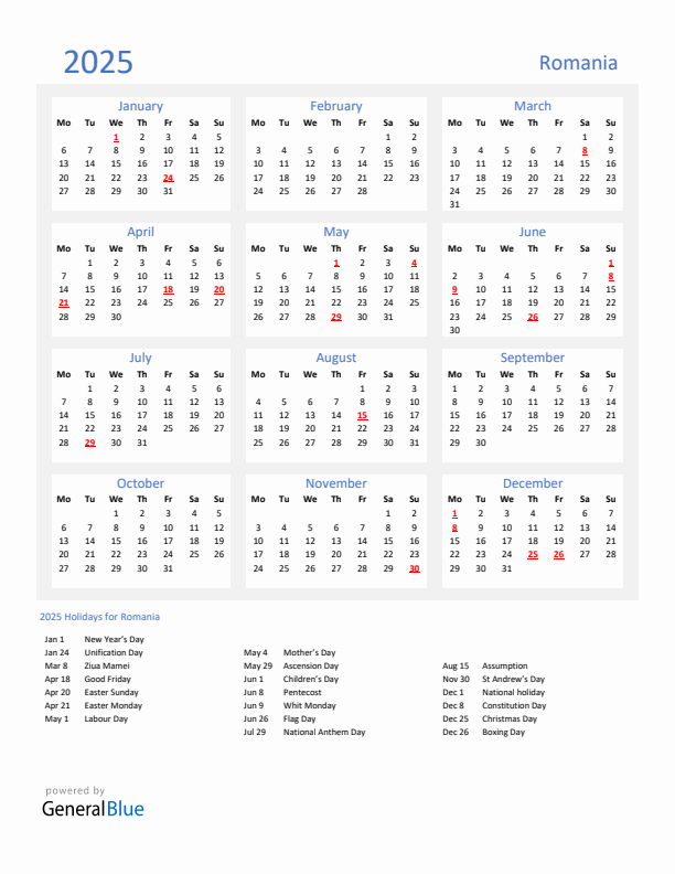 Basic Yearly Calendar with Holidays in Romania for 2025 