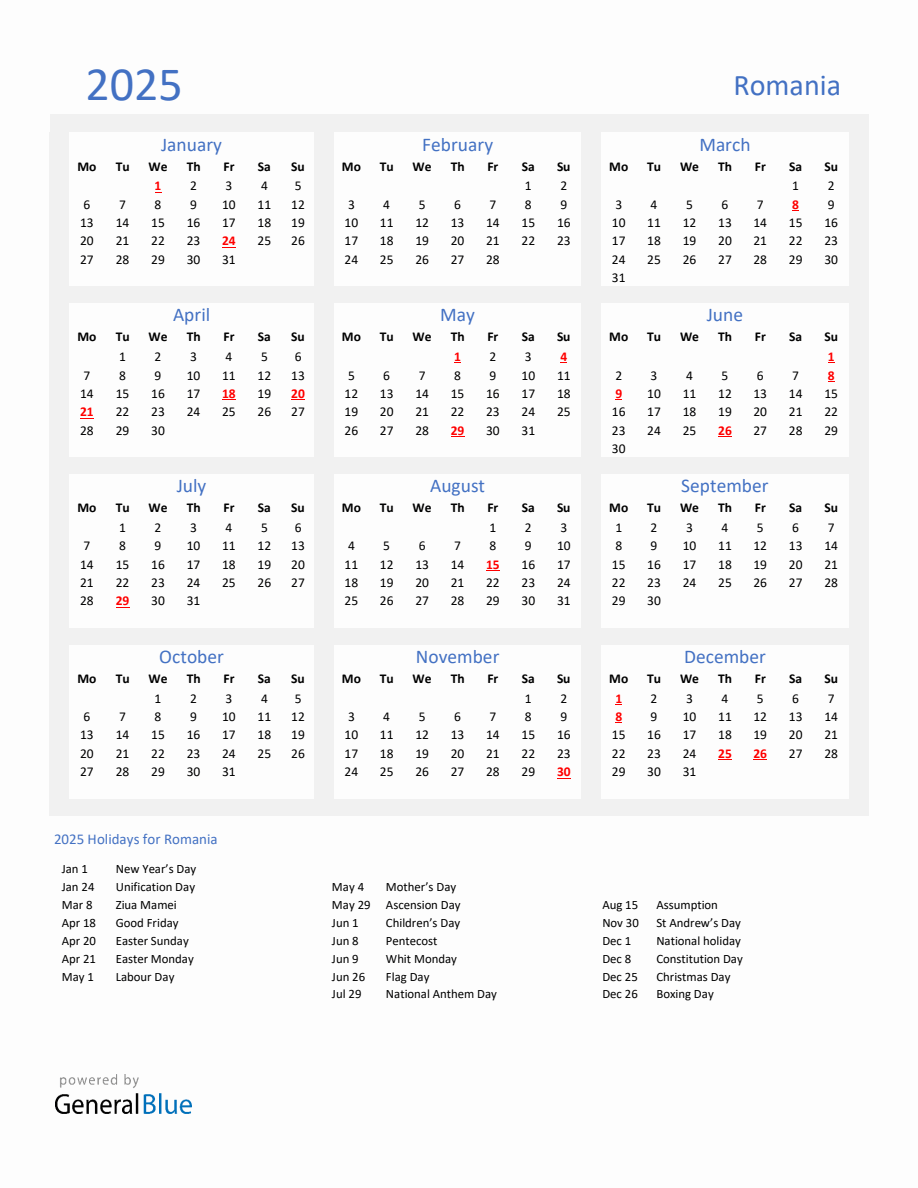 Basic Yearly Calendar with Holidays in Romania for 2025