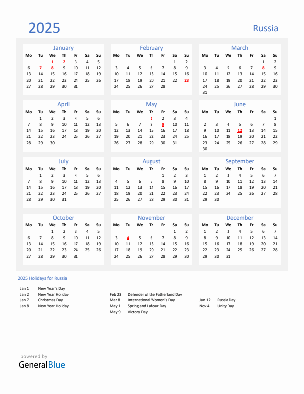 Basic Yearly Calendar with Holidays in Russia for 2025 