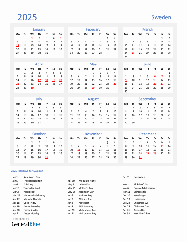 Basic Yearly Calendar with Holidays in Sweden for 2025 