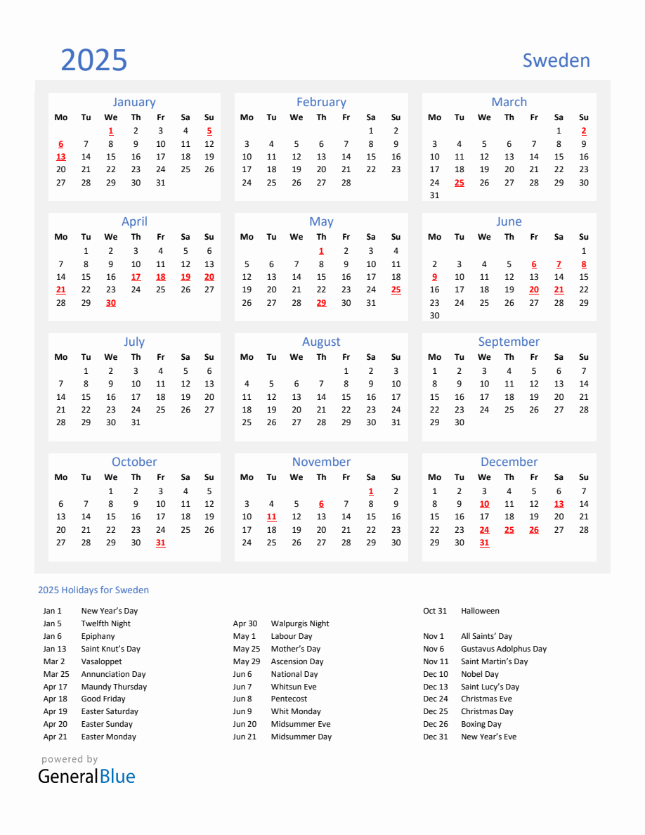 Basic Yearly Calendar With Holidays In Sweden For 2025