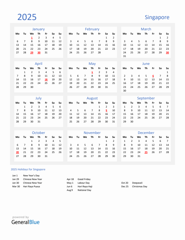Basic Yearly Calendar with Holidays in Singapore for 2025 