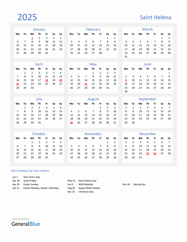 Basic Yearly Calendar with Holidays in Saint Helena for 2025 