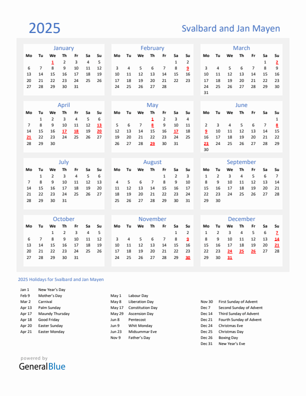 Basic Yearly Calendar with Holidays in Svalbard and Jan Mayen for 2025 