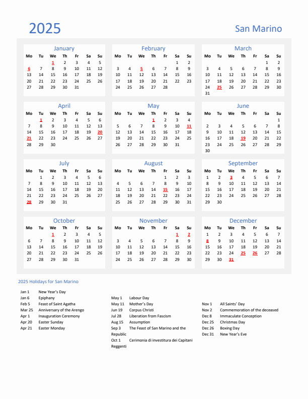Basic Yearly Calendar with Holidays in San Marino for 2025 